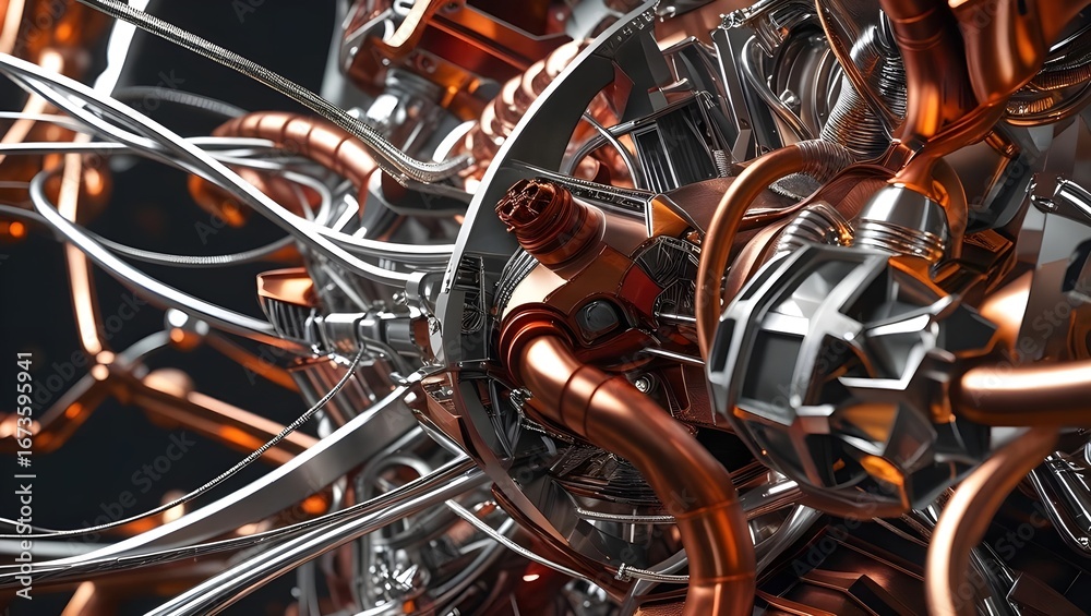 Fototapeta premium Futuristic Machinery Close-Up Intricate Copper and Silver Cables Intertwined in a Complex Network