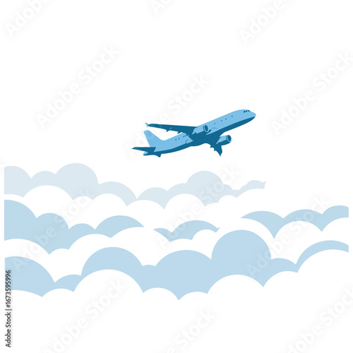 Sleek commercial airplane taking flight above a whimsical arrangement of soft, blue-hued clouds, embodying the spirit of travel, exploration, and the vast open sky