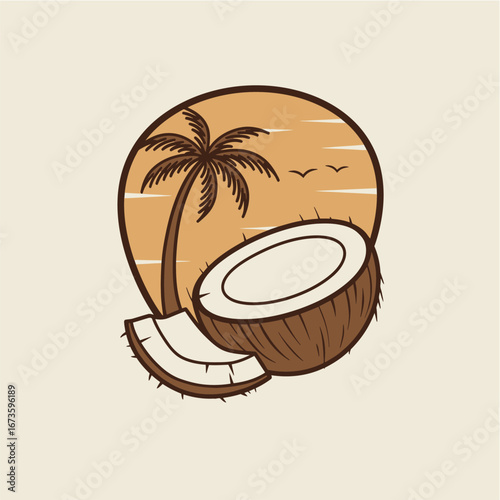 Stylized illustration of a tropical scene featuring a halved coconut and a palm tree against a sunset sky with birds.