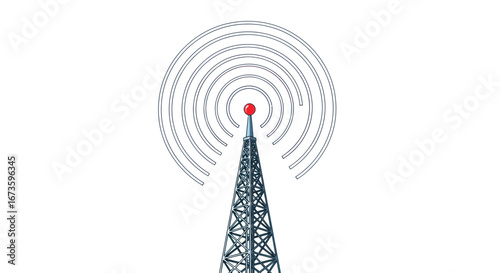 Wireless communication tower emitting signal waves with red top.