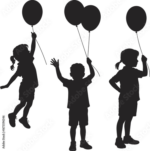 Silhouette children holding balloons illustration, playful kids vector artwork, happy childhood design, fun celebration concept, party decoration clipart, joyful family outdoor activity drawing
