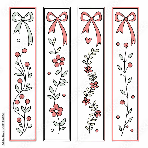 Set of four illustrated bookmarks with ribbons and floral accents, ideal for crafters. Each bookmark has a unique botanical design, providing variety.

