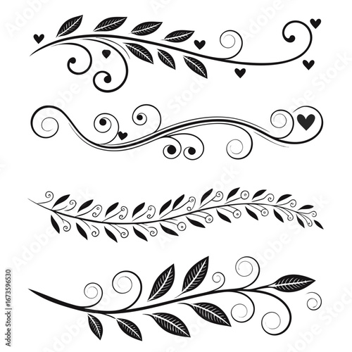 Four floral graphic dividers in black and white, are used as decorative elements. These botanical dividers are swirly, and organic, perfect for adding a touch of elegance to your designs.


