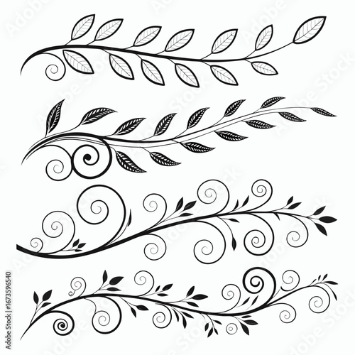 Black and white vine graphic. A collection of four stylized branches with leaves and curling tendrils, conveying a decorative or ornamental aesthetic.

