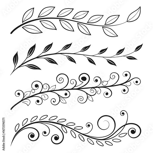 Vector drawings of decorative branches are displayed. The illustrations showcase different styles with varying leaf shapes, swirls, and overall design complexity for website headings.

