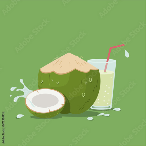 Refreshing tropical illustration featuring whole and halved green coconuts with a glass of coconut water, complete with a straw and dynamic splashes.