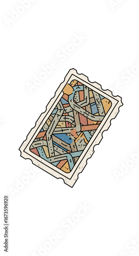 An intricate abstract urban street map design with geometric patterns and colorful blocks representing neighborhoods