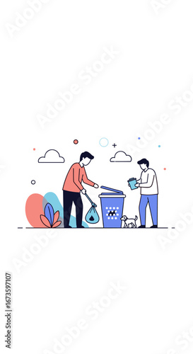 Two people collaborating on cleaning up their local park and disposing of waste properly