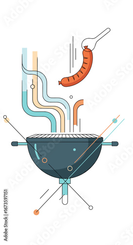 Delicious barbecue sausage cooking on a grill with abstract smoky trails and artistic lines creating a vibrant summer outdoor meal celebration