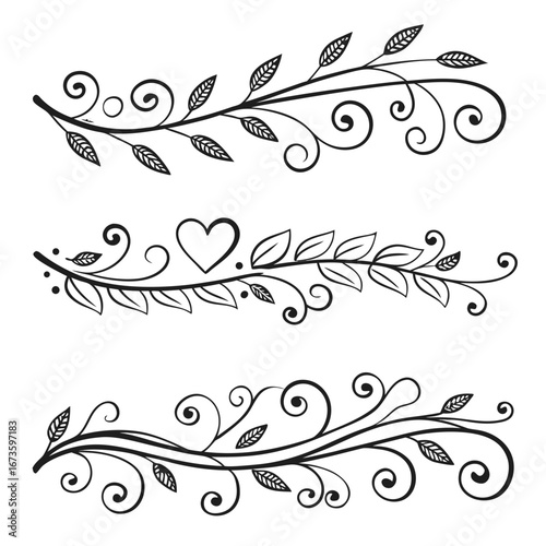 Three decorative botanical dividers, with leaves, swirls, and tendrils add a delicate, handcrafted touch to section breaks on your website. The middle element contains a heart shape.

