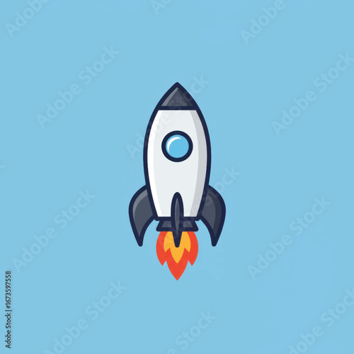 Stylized cartoon rocket ship with a white body grey fins and a blue window launching with fiery exhaust.