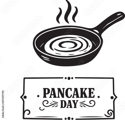 Whimsical pancake day celebration with a frying pan and flipping pancake featuring decorative 'pancake day' text vector