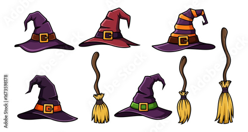 Witch hats and brooms illustration collection