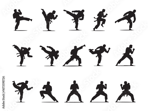 Diverse Gymnastics Silhouettes of Female Athletes in Dynamic Poses, a collection of black silhouette illustrations of female gymnasts performing various acrobatic and athletic poses on different appar