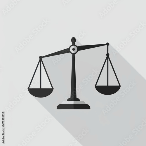 Black flat design icon of slightly unbalanced justice scales with a long shadow.