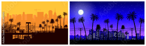 Tropical city skyline with palm tree silhouette at daytime and nighttime. Urban landscape view with buildings and power line.