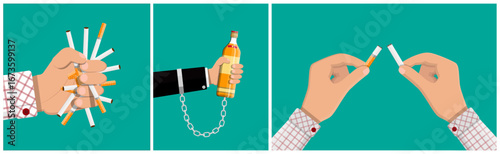 Man hands crushing cigarettes, holding chained alcohol bottle. Tobacco addiction breaking. Alcoholism and smoking quitting concept.