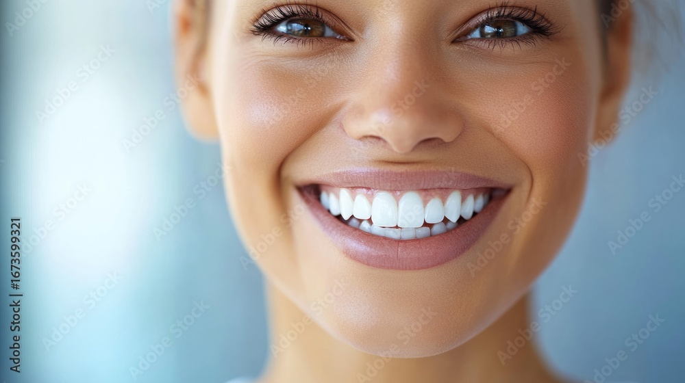 Obraz premium A Beautiful Woman with a Dazzling White Smile, Representing Cosmetic Dentistry and Teeth Whitening.