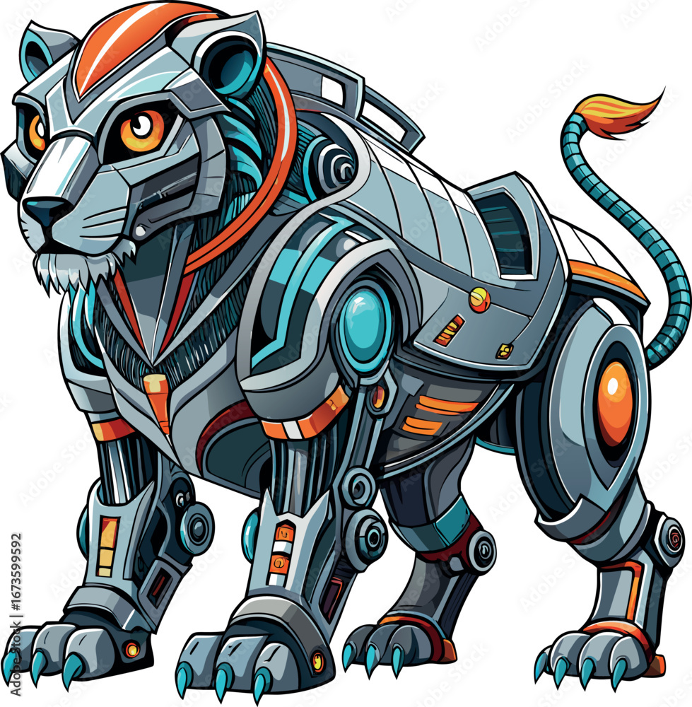 Fototapeta premium A whimsical, futuristic lion featuring bright, glowing LED eyes and a robotic body, showcasing a blend of nature and technology