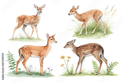 set of Watercolor woodland deer animals