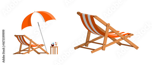 Orange beach chair set with umbrella and tropical drinks. Summer holiday vacation and relaxation concept. Flat style illustration for travel.