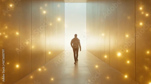 Man Walking Towards Bright Light in Glowing Corridor Video