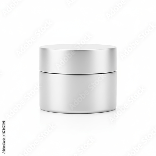 Satin cosmetic cream jar with lid, centered on pure white background, studio-lit with rim detail