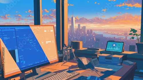 Modern Office Workspace with Computer Overlooking City Skyline at Sunset, Inspiring Atmosphere with Vibrant Colors and Productivity Focus