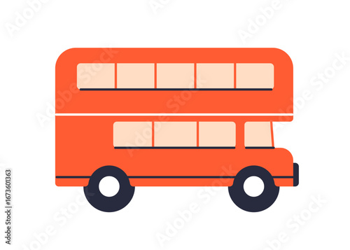 Red double-decker bus, side view. Classic British English public transport, tour and sightseeing vehicle. London symbol for urban travel. Flat vector illustration isolated on white background