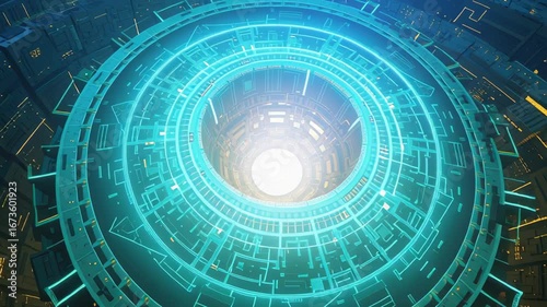 Futuristic Sci Fi Glowing Circular Structure with Intricate Patterns and Bright Center, Showcasing Vibrant Technology and Mesmerizing Visual Effects