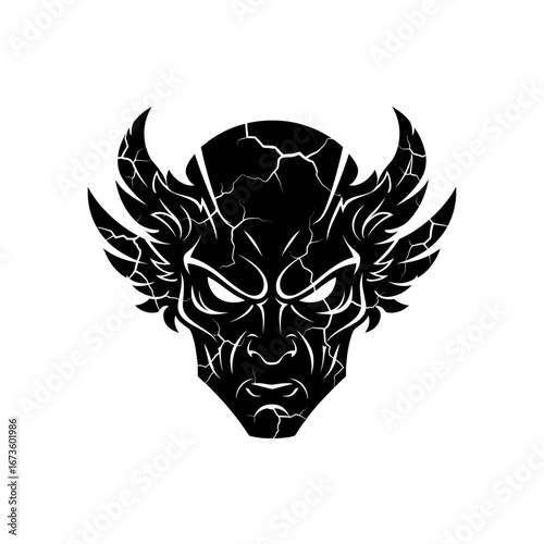 Black Demon Face with Horns and Wings.