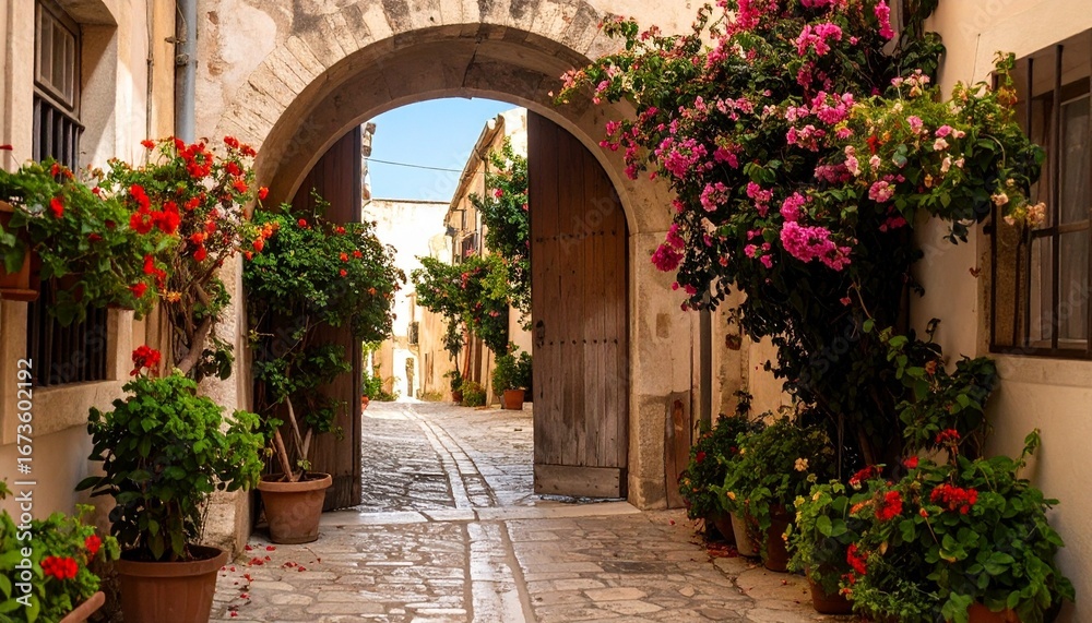Fototapeta premium “Charming Mediterranean alleyway framed by stone arch, cobblestone path, vibrant flowers and potted plants, sunlit village scene”