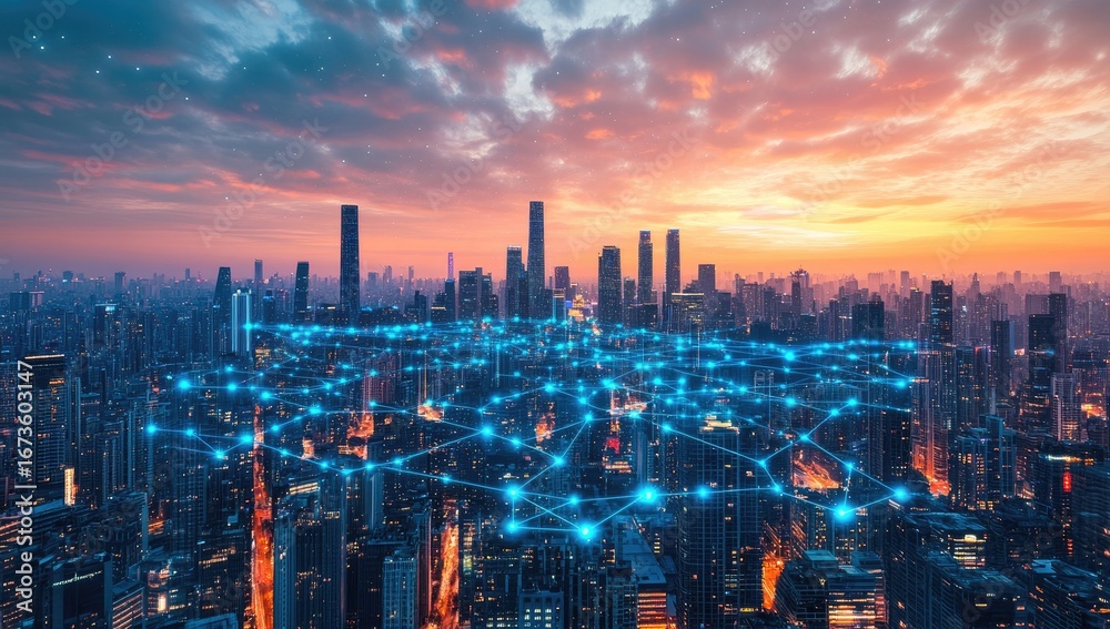 Fototapeta premium City skyline at sunset, interconnected by digital network