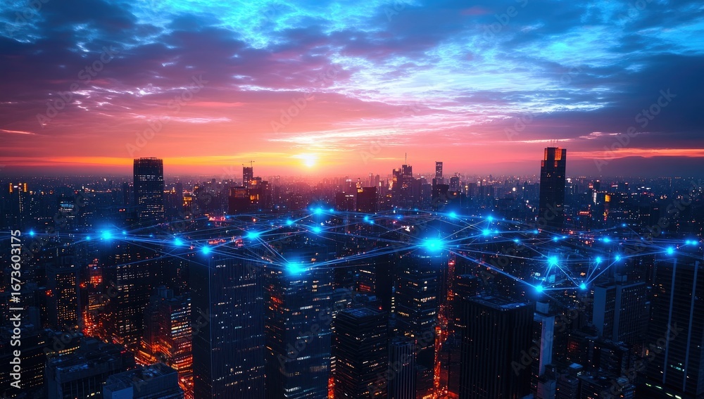 Fototapeta premium City skyline at sunset, interconnected network (4)