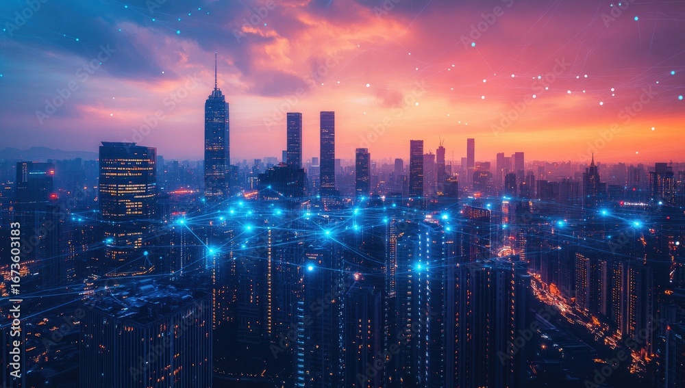 Fototapeta premium City skyline at dusk, network overlay