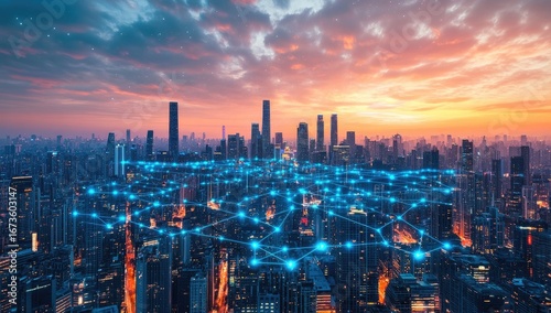 Wallpaper Mural City skyline at sunset, interconnected by digital network Torontodigital.ca