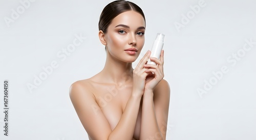 Beautiful Woman Holding Skincare Product Bottle on White