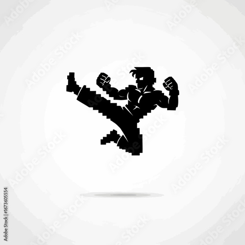 Pixelated Martial Artist Kicking with Power and Precision in Silhouette