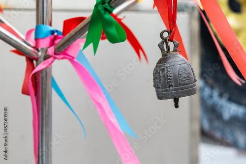Colorful Bells and Ribbons in Thai Temple