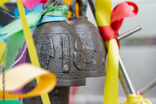 Colorful Bells and Ribbons in Thai Temple