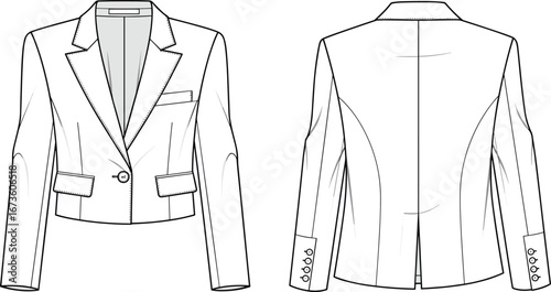 Elegant women’s blazer fashion flat sketch, detailed front and back view, CAD drawing vector illustration, tailored jacket design template