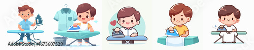 vector of a little boy ironing clothes