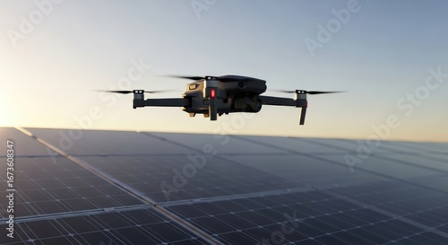 Modern drone flying above solar panel field. Technology for inspection surveillance and maintenance of renewable energy power plant.