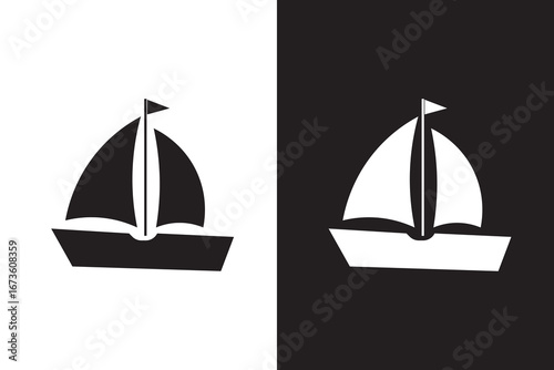 A simple graphic of a sailboat with two sails depicted in a minimalist outline style drawing on white 100