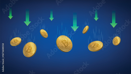 Bitcoin Price Drop Illustration with Falling Coins and Down Arrows on Blue Background