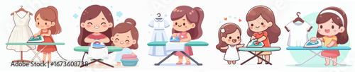 vector of a little girl ironing clothes