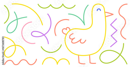 Colorful line abstract art featuring a playful bird surrounded by whimsical shapes and lines in a vibrant design