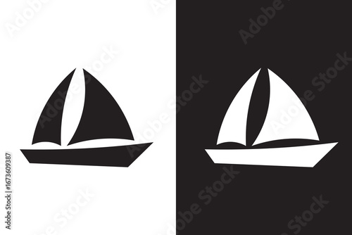 Simple black silhouette of a sailboat with two sails on white background