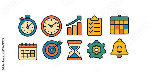 Time management icon set: flat style icons for planning and productivity