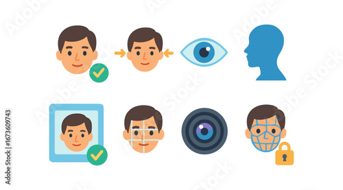 Face recognition flat icon set. biometrics, security, technology collection